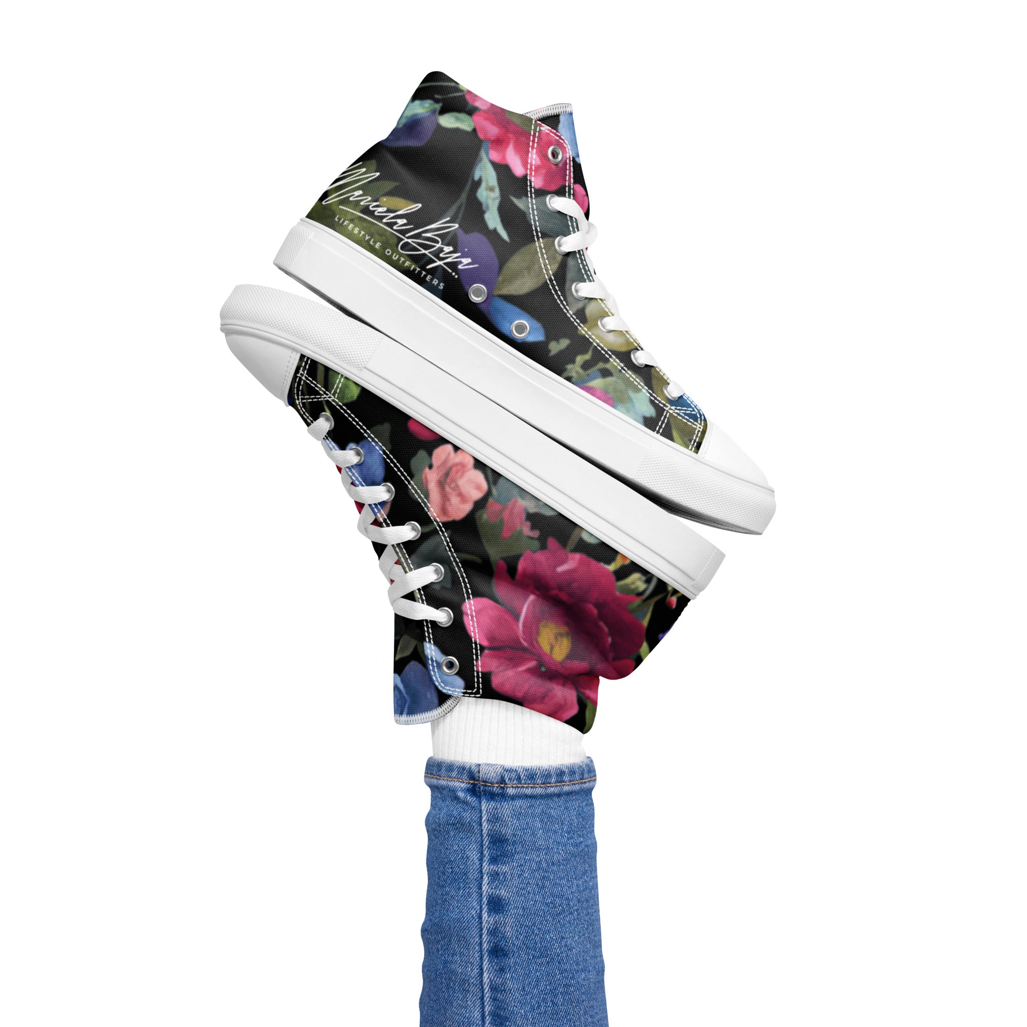 Mens high top canvas shoes Funky White Flowers Red Diamond Tongue   Charlie Melon Designs